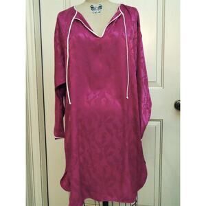 Vtg 80s Mary McFadden Magenta Damask Boho Midi V Neck Tunic Loungewear S M